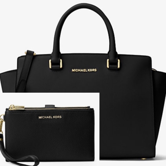 MICHAEL KORS SAFFIANO 🖤BLACK🖤 LEATHER MEDIUM SATCHEL BAG & WALLET SET 🌟EUC🌟 - Picture 1 of 17